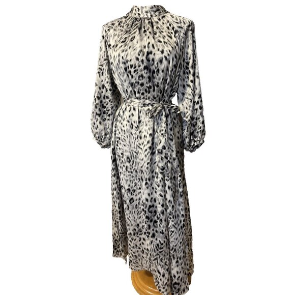 Ann Taylor Maxi Dress 3/4 Long Sleeve L Large Black Gray White Snow Leopard - Picture 2 of 16